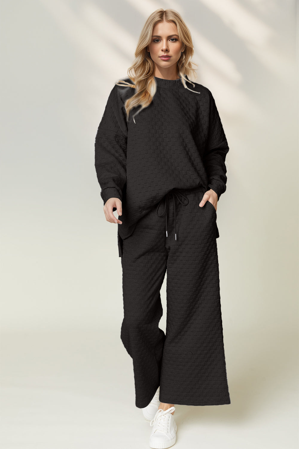 Explore More Collection - Double Take Checkered Slit High-Low Round Neck Top and Wide Leg Pants Set