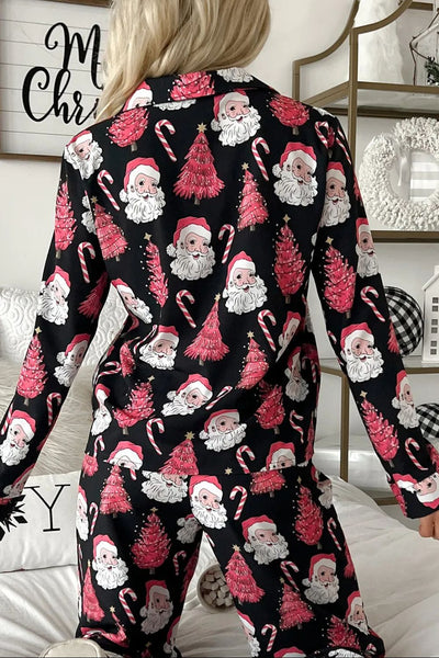 Explore More Collection - Christmas Printed Collared Neck Top and Pants Lounge Set