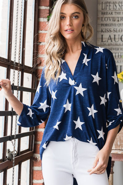 Explore More Collection - Heimish Full Size Roll-Tab Sleeve Star Print Top