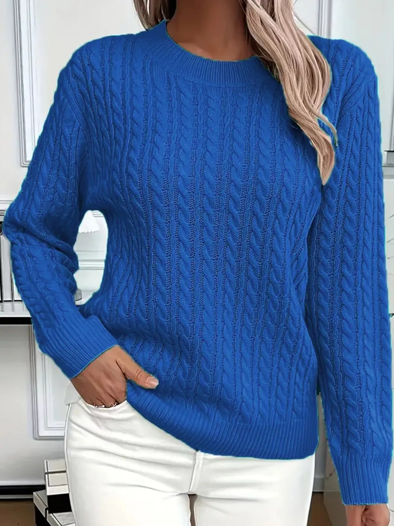 Full Size Cable Knit Round Neck Sweater Plus Size
