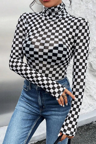 Explore More Collection - Checkered Turtleneck Long Sleeve Bodysuit