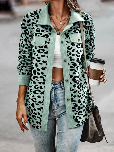 Explore More Collection - Full Size Leopard Collared Neck Button Up Long Sleeve Jacket