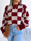 Explore More Collection - Checkered Mock Neck Long Sleeve Sweater