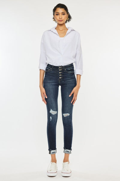 Explore More Collection - High Rise Button Down Cuffed Ankle Skinny Jeans