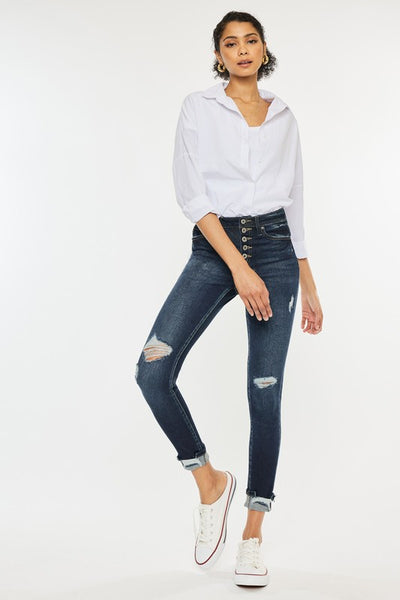 Explore More Collection - High Rise Button Down Cuffed Ankle Skinny Jeans