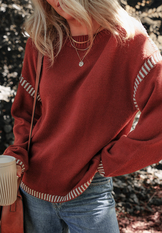 Explore More Collection - Striped Detail Round Neck Dropped Shoulder Sweater
