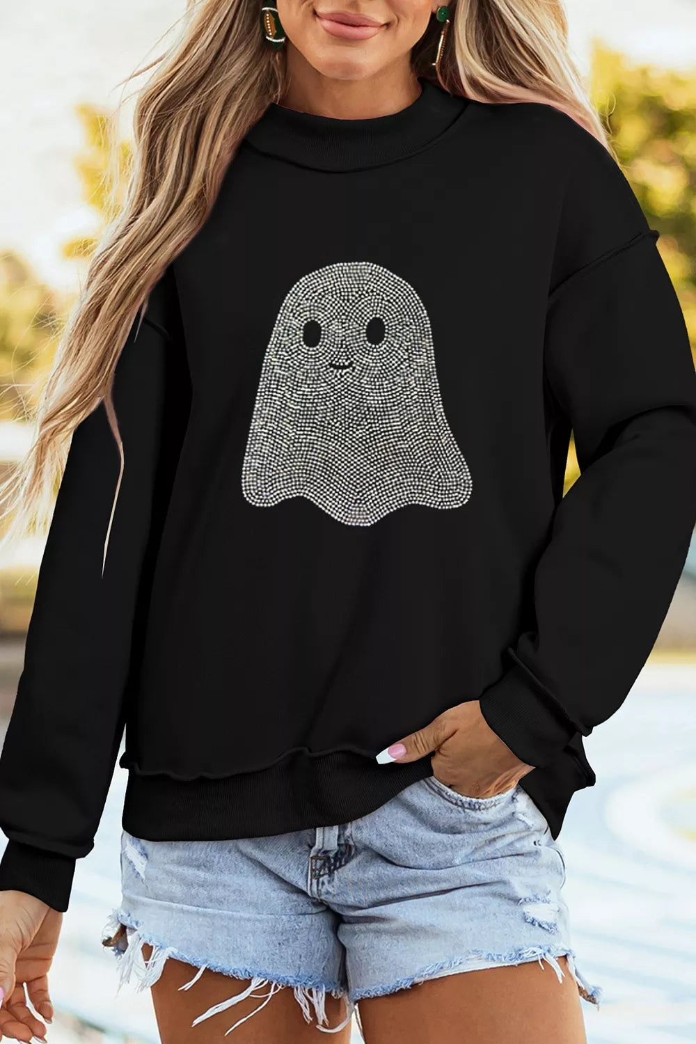 Rhinestone Ghost Exposed Seam Mock Neck Halloween Sweatshirt