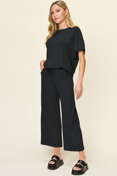 Explore More Collection - Double Take Full Size Texture Round Neck Short Sleeve T-Shirt and Wide Leg Pants