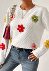 Explore More Collection - Crochet Flower Round Neck Long Sleeve Sweater