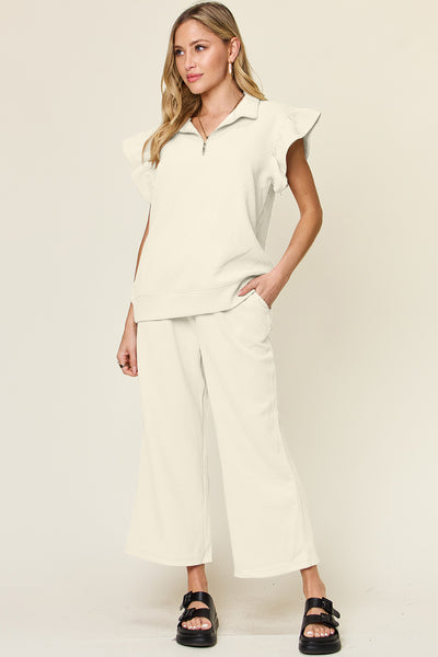 Explore More Collection - Double Take Texture Ruffle Short Sleeve Top and Drawstring Wide Leg Pants Set