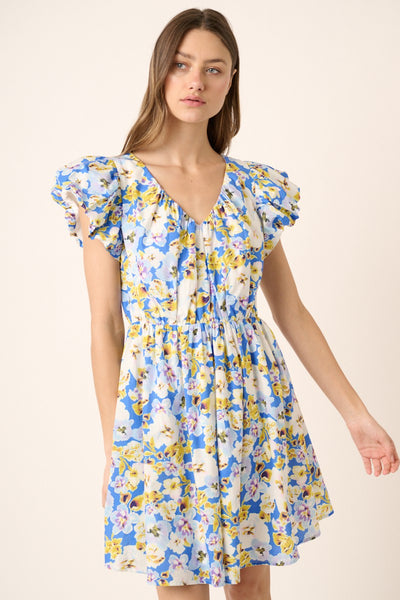 Carmen - A Flower Print Shirring Detail Mini Dress