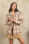 Explore More Collection - Stay In The Lead Camel Plaid Frayed Hoodie Jacket