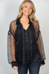 Curve - Jacky A Sequin Mesh Net Button Down Top with Satin Contrast