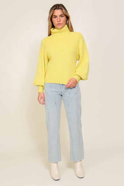 Explore More Collection - Rib Knitted Turtleneck Sweater with Bishop Sleeve