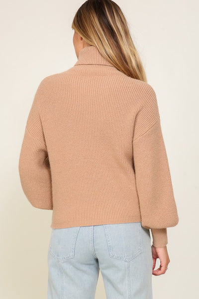 Explore More Collection - Rib Knitted Turtleneck Sweater with Bishop Sleeve