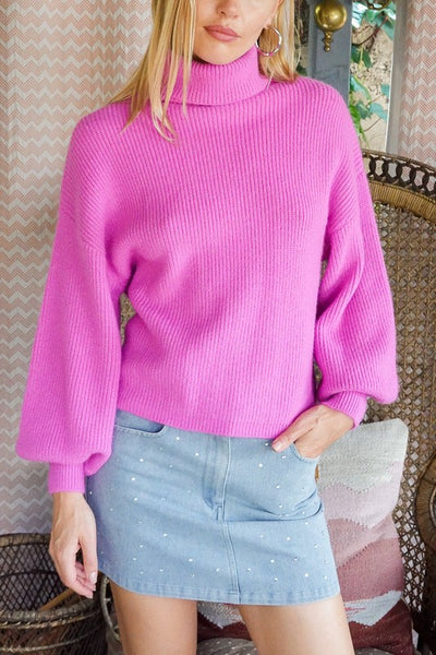 Explore More Collection - Rib Knitted Turtleneck Sweater with Bishop Sleeve