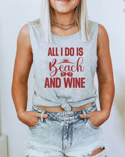 Explore More Collection - All I Do Is Beach & Wine Graphic Print Muscle Tank