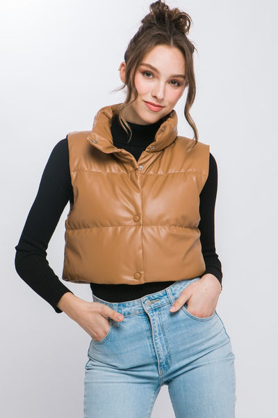 Explore More Collection - Faux Leather puffer West With Snap Button