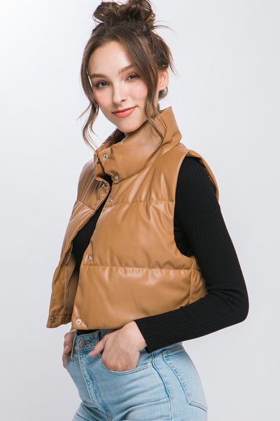 Explore More Collection - Faux Leather puffer West With Snap Button