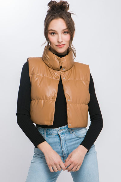 Explore More Collection - Faux Leather puffer West With Snap Button