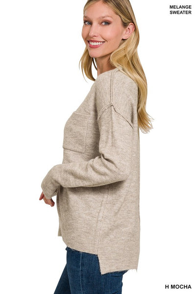 Explore More Collection - Melange Hi-Low hem Round Neck Sweater