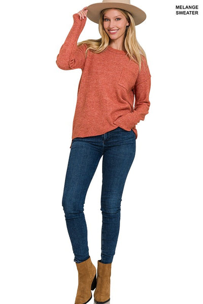 Explore More Collection - Melange Hi-Low hem Round Neck Sweater