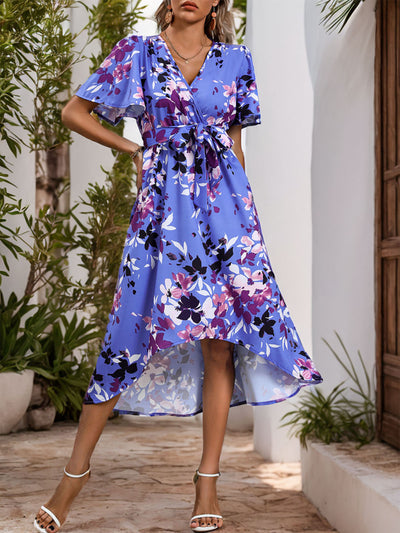 Explore More Collection - High-Low Printed Surplice Short Sleeve Midi Dress