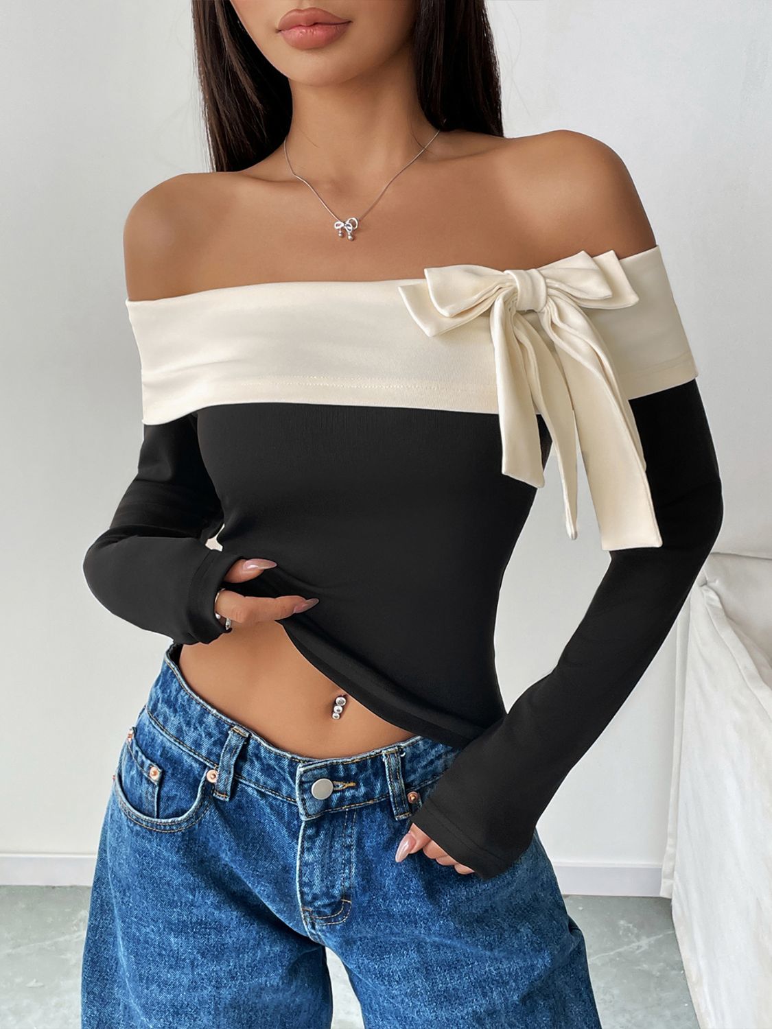 Explore More Collection - Perfee Bow Contrast Off-Shoulder Long Sleeve Top