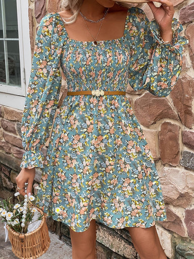 Explore More Collection - Floral Smocked Flounce Sleeve Square Neck Dress