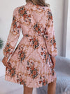 Explore More Collection - Pleated Printed Tie Neck Long Sleeve Dress