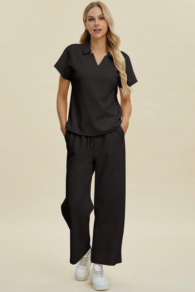 Explore More Collection - Double Take Full Size Collared Neck Short Sleeve Top and Pants Set