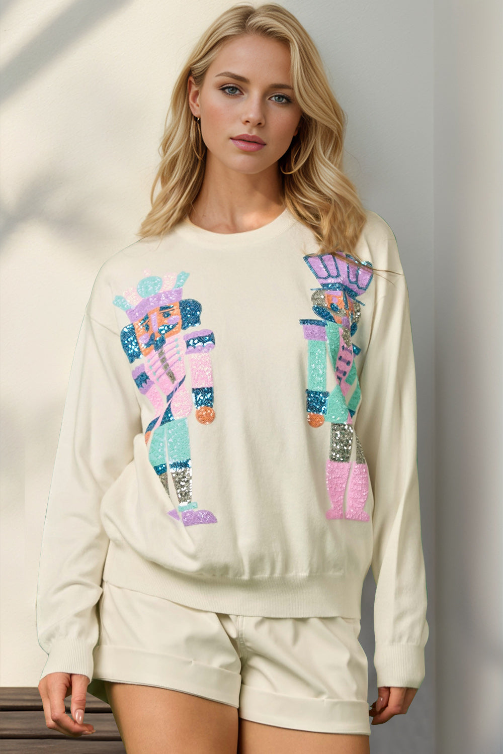 Explore More Collection - Double Take Full Size Sequin Nutcracker Long Sleeve Sweater