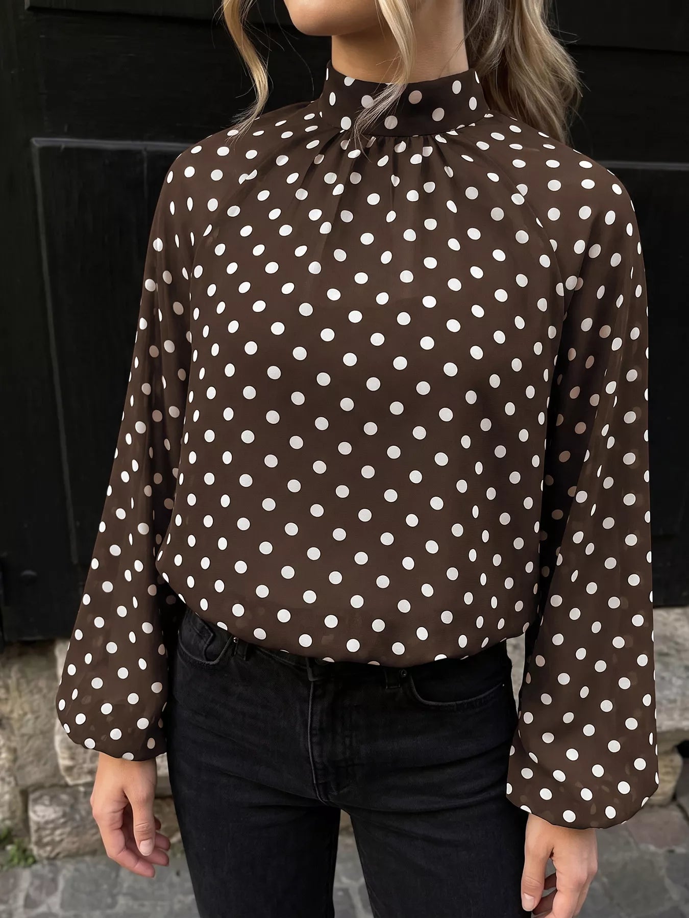 Polka Dot Mock Neck Long Sleeve Blouse