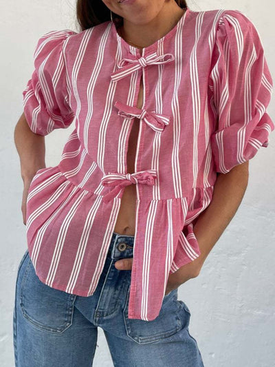 Explore More Collection - Tied Round Neck Balloon Sleeve Shirt