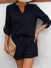 Explore More Collection - Notched Long Sleeve Top and Shorts Set