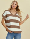 Explore More Collection - Double Take Full Size Striped V-Neck Short Sleeve Sweater