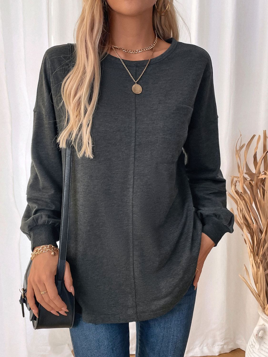 Explore More Collection - Perfee Pocketed Round Neck Long Sleeve Sweatshirt