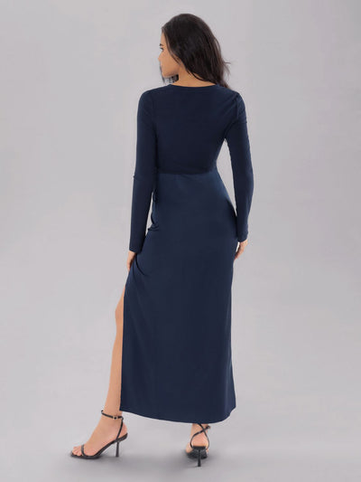 Explore More Collection - Split Round Neck Long Sleeve Midi Dress