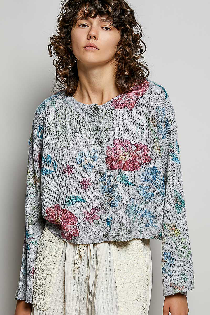 POL Floral Print Button-Down Knit Cardigan