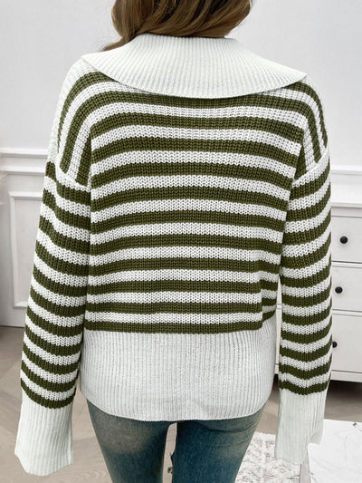 Explore More Collection - Striped Collared Neck Long Sleeve Sweater