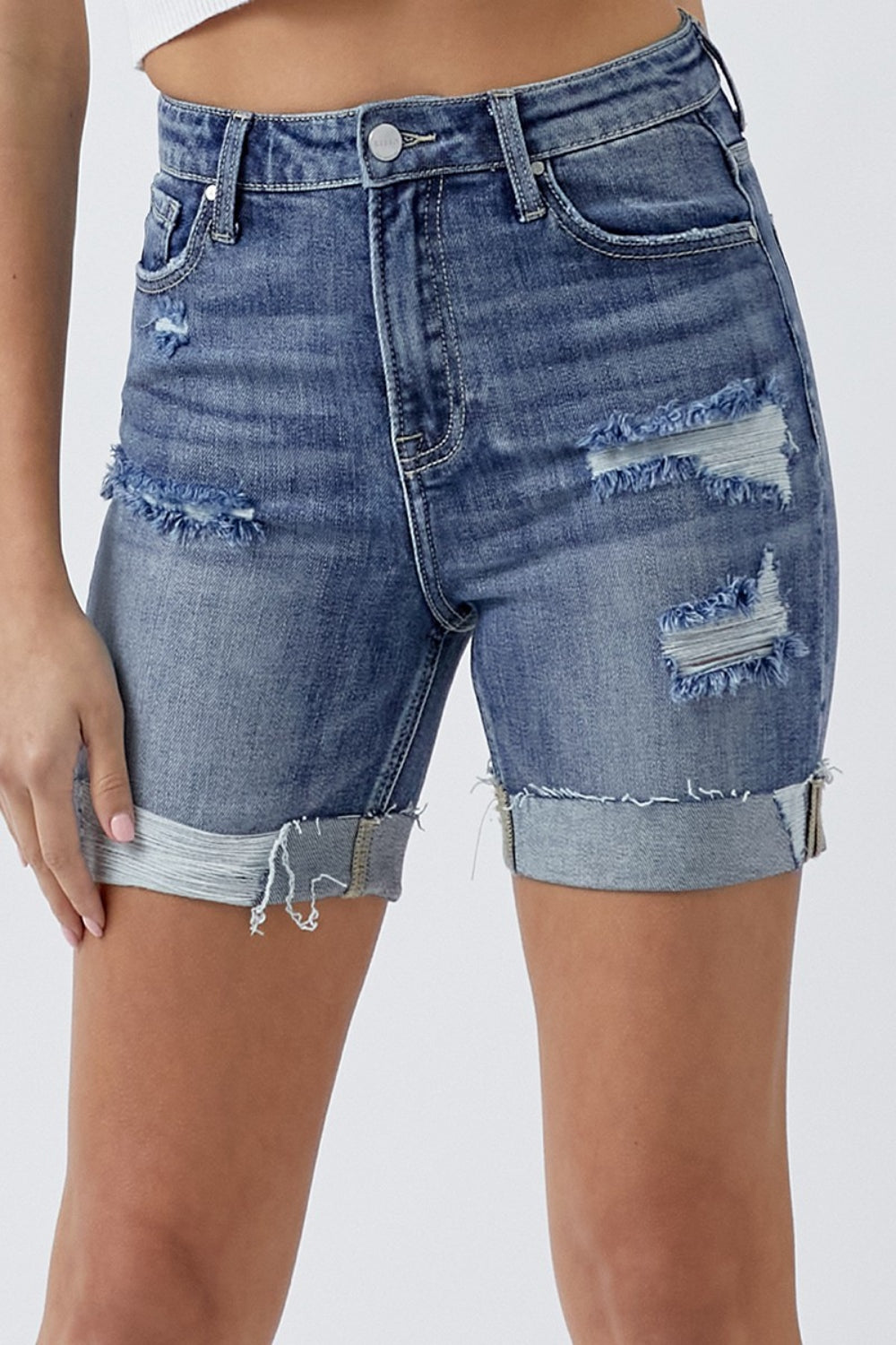 Explore More Collection - RISEN Full Size Distressed Rolled Denim Shorts with Pockets