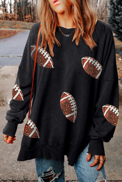 Explore More Collection - Sequin Football Patch Slit Sweatshirt