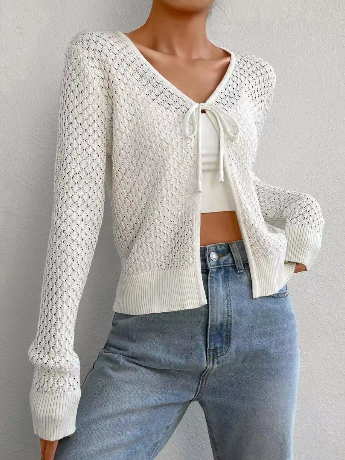 Explore More Collection - Tied Openwork V-Neck Long Sleeve Cardigan