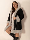 Explore More Collection - Plus Size Fuzzy Trim Open Front Long Sleeve Hooded Coat