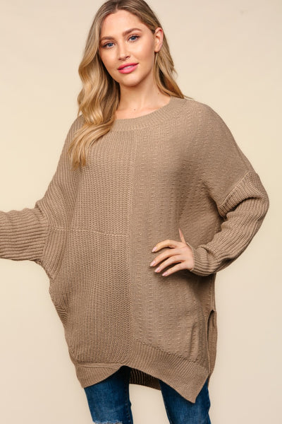 Explore More Collection - Haptics Full Size Side Slit Texture Asymmetric Sweater