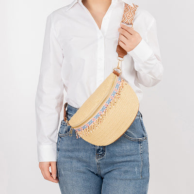 Explore More Collection - Bead Trim Straw Weave Crossbody Bag