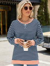 Explore More Collection - Slit Striped Round Neck Long Sleeve Sweatshirt