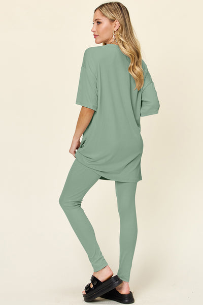 Explore More Collection - Double Take Full Size Round Neck Dropped Shoulder T-Shirt and Leggings Set