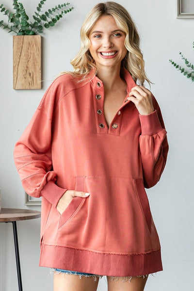 Explore More Collection - First Love Grommet Split Neck Kangaroo Pocket Sweatshirt