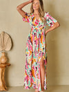 Explore More Collection - Slit Printed Surplice Short Sleeve Maxi Dress